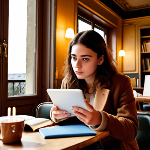 Home 11 **
*Prompt:* A student in a cozy Parisian café, surrounded by legal textbooks and highlighted notes. They are using a digital flashcard app on a tablet, a determined expression on their face. In the background, the Eiffel Tower is subtly visible through the window. Soft, warm lighting. The scene is focused and calm, exemplifying effective study habits.
**