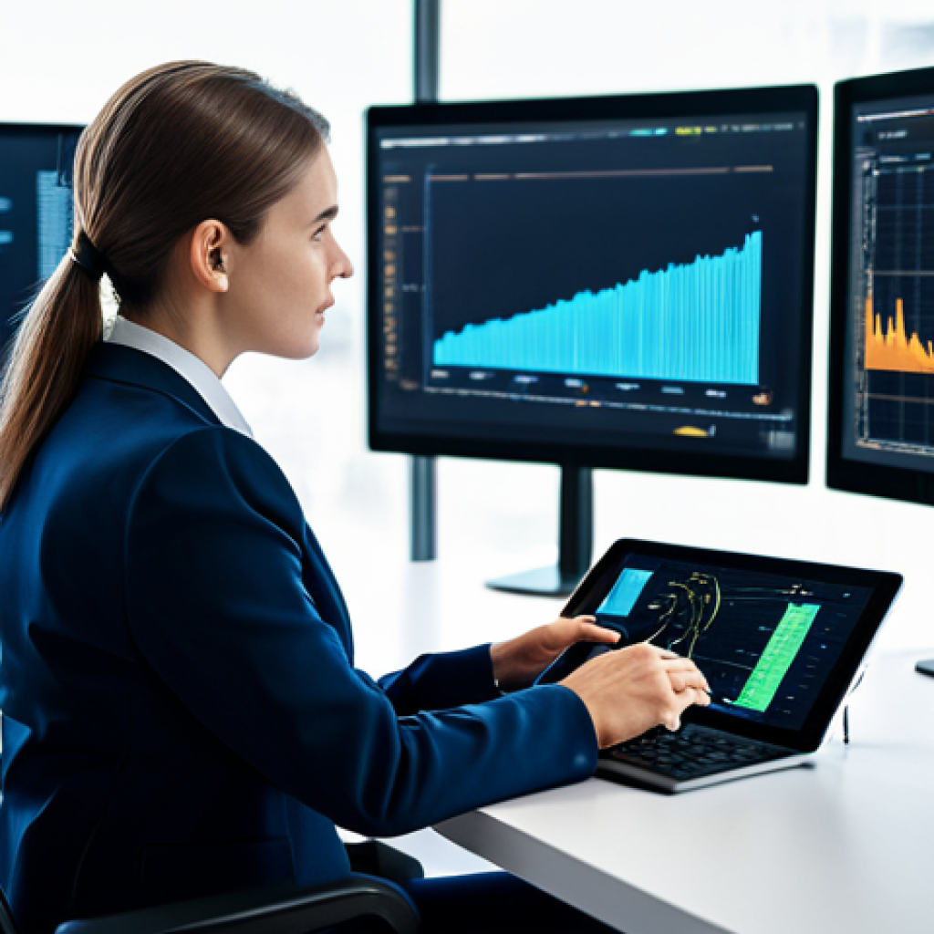 A professional female jurist, in a modest business suit, seated at a sleek modern desk in a high-tech legal office. Large, transparent screens display abstract legal data visualizations and user-friendly AI interfaces in the background. The lighting is bright and contemporary, reflecting an atmosphere of innovation. She is engaged, perhaps interacting with a digital tablet, with perfect anatomy, correct proportions, natural pose, well-formed hands, proper finger count, and natural body proportions. The image is of professional photography, high quality, fully clothed, modest clothing, appropriate attire, professional dress, safe for work, appropriate content, family-friendly.