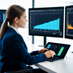 A professional female jurist, in a modest business suit, seated at a sleek modern desk in a high-tech legal office. Large, transparent screens display abstract legal data visualizations and user-friendly AI interfaces in the background. The lighting is bright and contemporary, reflecting an atmosphere of innovation. She is engaged, perhaps interacting with a digital tablet, with perfect anatomy, correct proportions, natural pose, well-formed hands, proper finger count, and natural body proportions. The image is of professional photography, high quality, fully clothed, modest clothing, appropriate attire, professional dress, safe for work, appropriate content, family-friendly.
