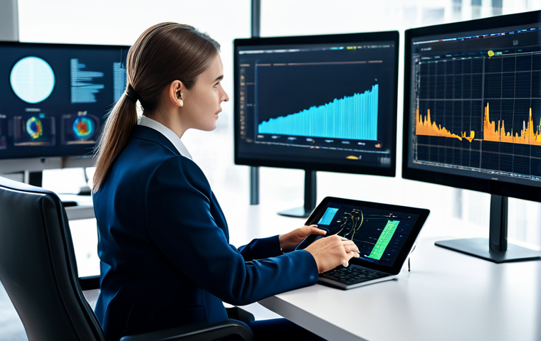 A professional female jurist, in a modest business suit, seated at a sleek modern desk in a high-tech legal office. Large, transparent screens display abstract legal data visualizations and user-friendly AI interfaces in the background. The lighting is bright and contemporary, reflecting an atmosphere of innovation. She is engaged, perhaps interacting with a digital tablet, with perfect anatomy, correct proportions, natural pose, well-formed hands, proper finger count, and natural body proportions. The image is of professional photography, high quality, fully clothed, modest clothing, appropriate attire, professional dress, safe for work, appropriate content, family-friendly.