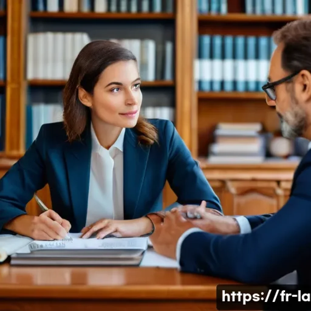 변호사 클라이언트 관리 팁 - A professional French lawyer’s office setting during a client consultation, featuring a mid-aged mal...