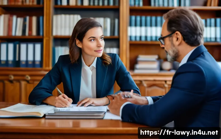 변호사 클라이언트 관리 팁 - A professional French lawyer’s office setting during a client consultation, featuring a mid-aged mal...