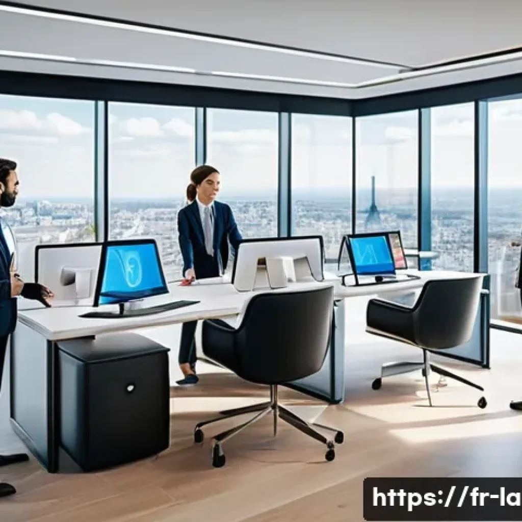 변호사와 글로벌 법률 동향 - A modern French law office interior featuring a diverse group of professional lawyers collaborating ...