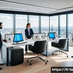 변호사와 글로벌 법률 동향 - A modern French law office interior featuring a diverse group of professional lawyers collaborating ...