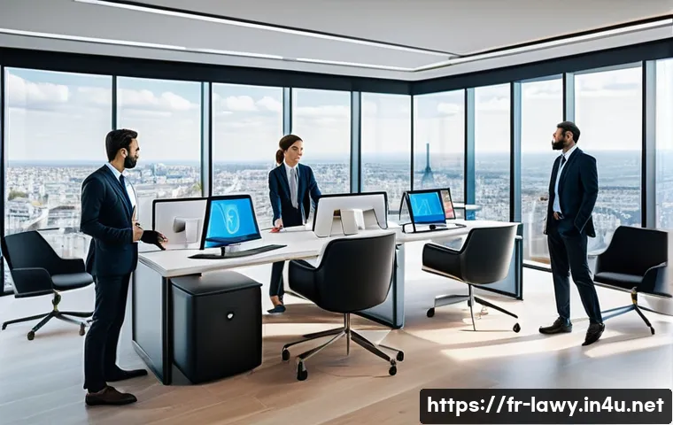 변호사와 글로벌 법률 동향 - A modern French law office interior featuring a diverse group of professional lawyers collaborating ...
