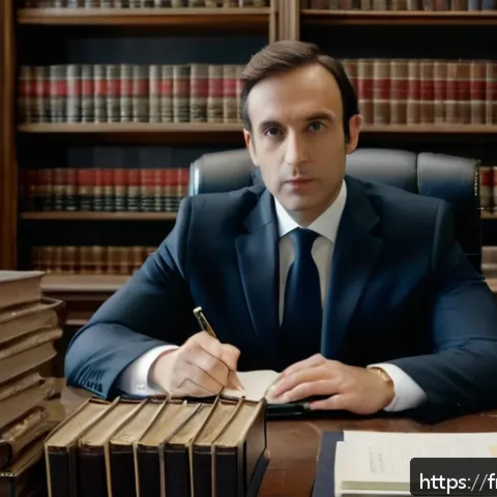 변호사와 고소 대응 사례 - A sophisticated law office scene featuring a French lawyer in a tailored dark suit, sitting at a lar...