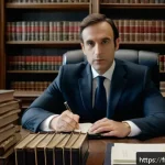 변호사와 고소 대응 사례 - A sophisticated law office scene featuring a French lawyer in a tailored dark suit, sitting at a lar...