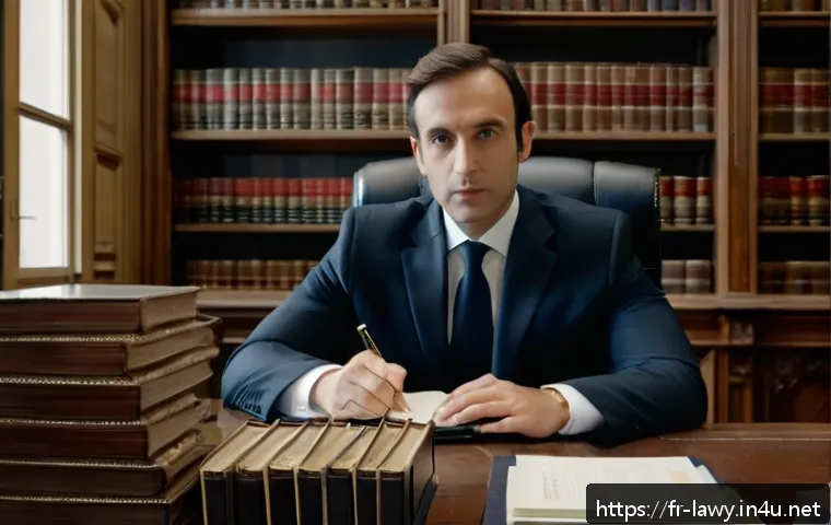 변호사와 고소 대응 사례 - A sophisticated law office scene featuring a French lawyer in a tailored dark suit, sitting at a lar...