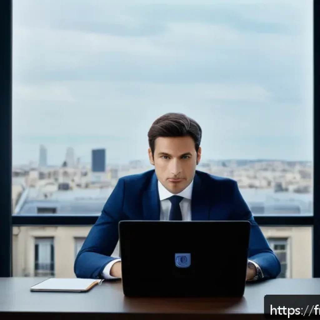 변호사로서의 자기 개발 계획 - A modern French lawyer in a sleek, professional office setting, dressed in a tailored dark blue suit...