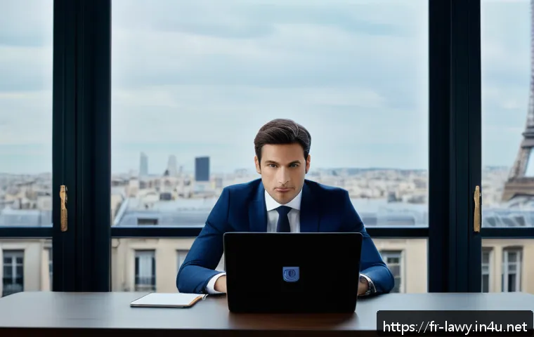 변호사로서의 자기 개발 계획 - A modern French lawyer in a sleek, professional office setting, dressed in a tailored dark blue suit...