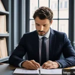 Home 23 변호사 업무 스트레스 관리법 - A modern French law office setting with a mid-30s French male lawyer sitting at an ergonomic desk cl...