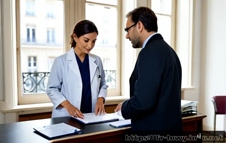 변호사와 의료법 사례 연구 - Photorealistic French legal-medical case consultation, a middle-aged attorney in a tailored suit and...