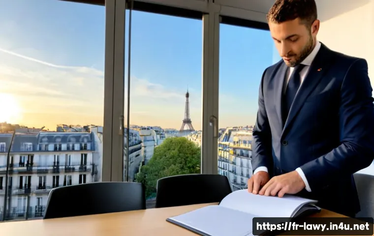Home 17 변호사 이직 시장 트렌드 - Photorealistic French legal professional in a tailored navy suit reviewing a portfolio beside a lapt...