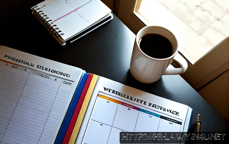 Home 17 변호사 시험 공부 스케줄 짜는 법 - Photorealistic overhead view of a French law student’s organized study desk, blank weekly planner pa...